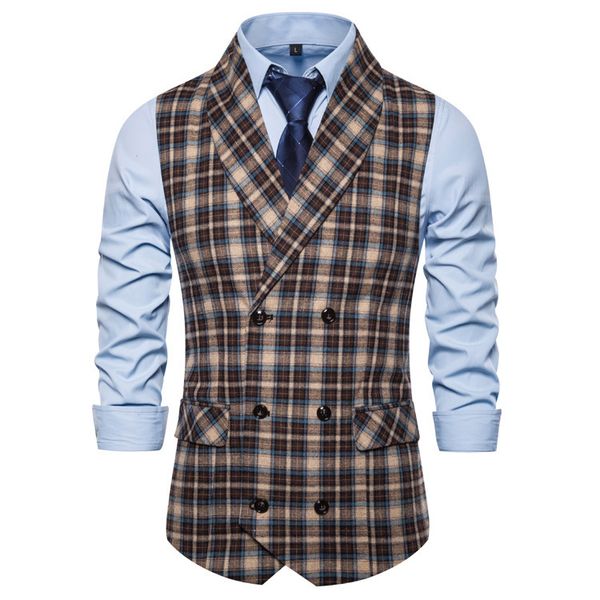 

fashion vest autumn and winter 2021 plaid leisure green fruit collar double breasted men's european color matching slim fitting, Black;white