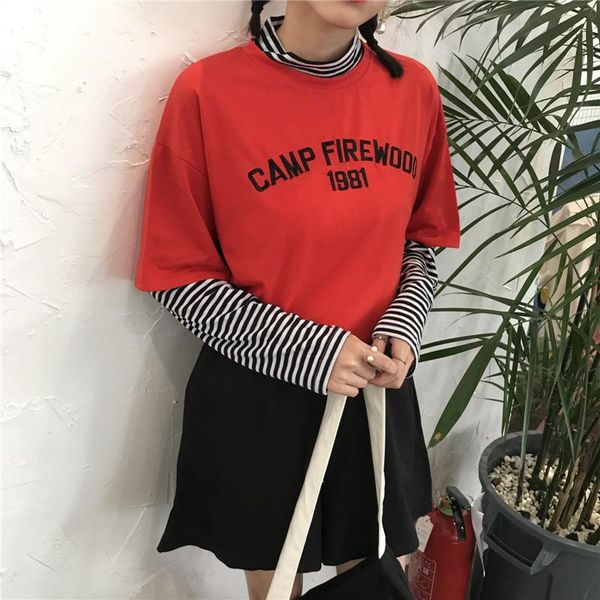 

sping harajuku stripe patchwork tshirt half turtleneck t-shirts autumn long sleeve tee shirt women fashion causal clothing women's t-s, White