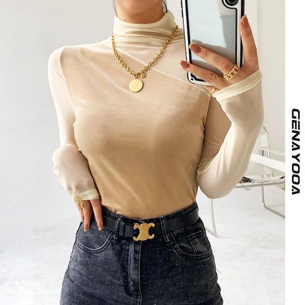 

women's t-shirt genayooa patchwork perspective long sleeve clothes women tee shirt femme korean mesh spring 2021, White