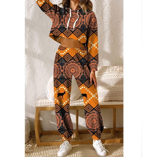 

orange pattern women's pants autumn and winter women's sportswear thickened fleece cotton jacket 2-piece sweatshirt and pants hood, White