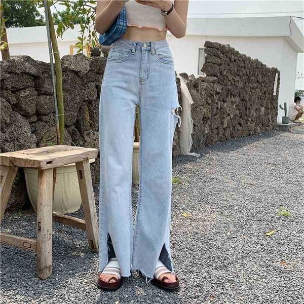 

straight hole streetwear thin cowboy split large size loose wide leg jeans high waist women full length pants 210525, Blue