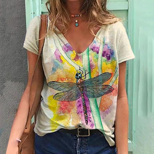 

women's t-shirt casual oversized ladies v-neck print street trend short-sleeved plus size loose tee streetwear, White