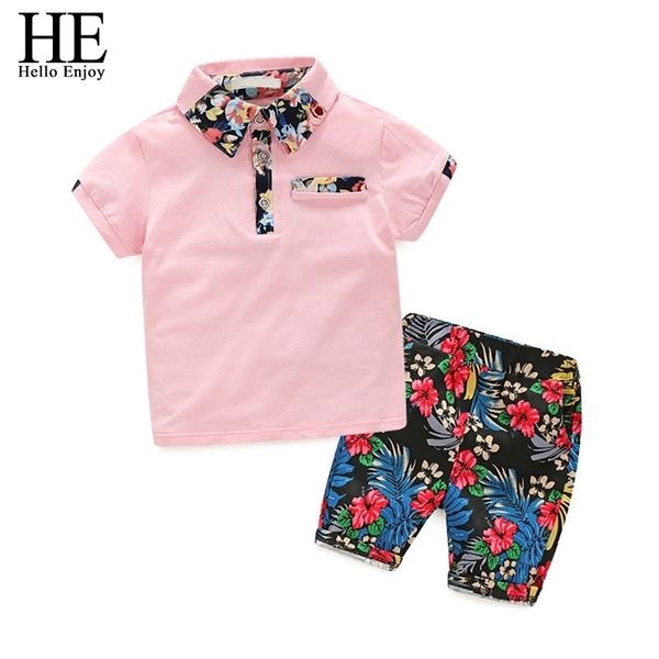 HE Hello Enjoy Bambini Ragazzi Vestiti Ragazzo Abbigliamento estivo Set maniche corte Stampa Top Camicia Fiore Pantaloncini Abiti Abbigliamento per bambini 210326