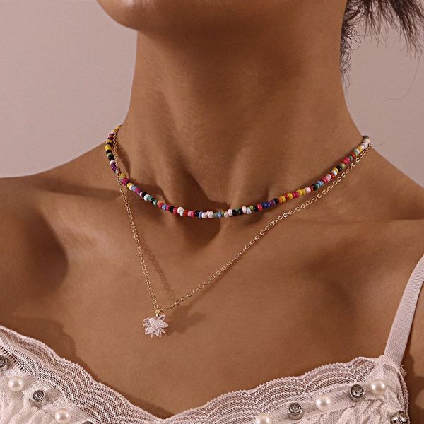 

pendant necklaces bohemian ethnic multilayer seed bead choker flower chain necklace for women gold color collar fashion jewelry gift, Silver