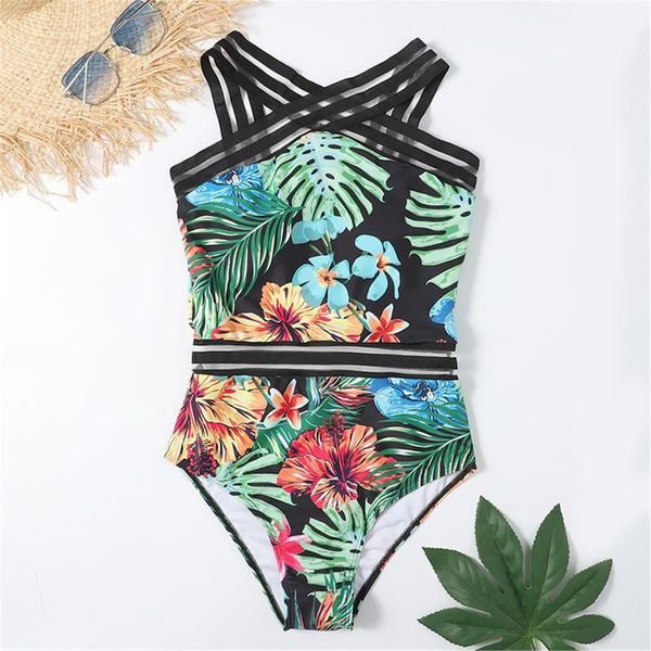 

women's swimwear leaf print one piece striped halter swimsuit womens flower sleeveless high waist tight v-neck suit, White;black