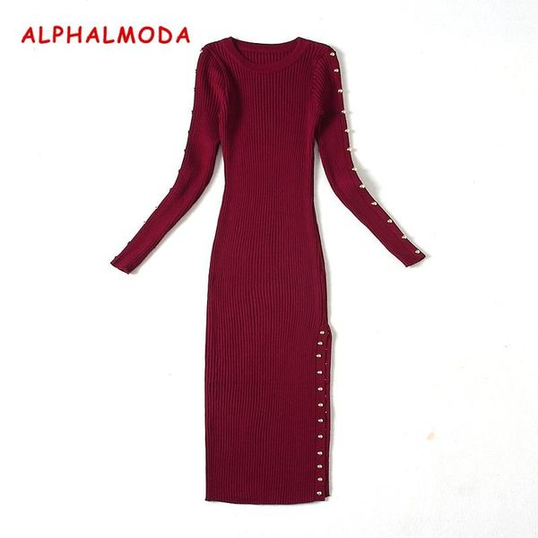 

casual dresses [alphalmoda] 2021 women autumn and winter knited slim vestidos rivets side low slit long sleeve dress, Black;gray