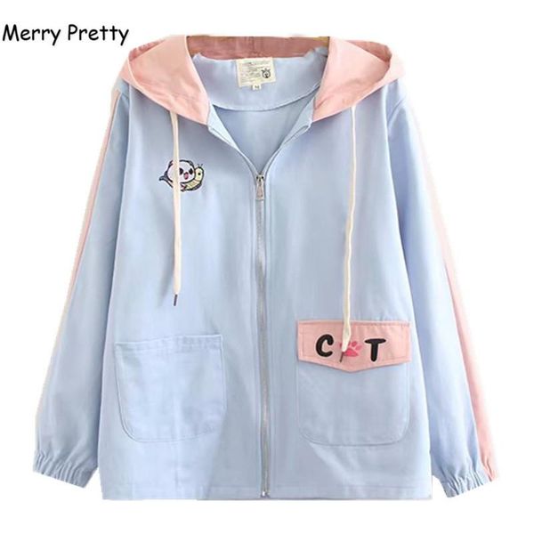 

women's jackets xuanhao skyblue drawstring hooded jacket women embroidery casual zip up autumn sweet coats for girls outerwear bomber c, Black;brown