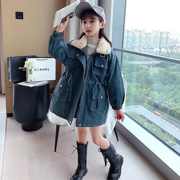 

down coat winter girls plus velvet thick casual jacket pink blue warm parka lapel waist fashion cotton, Blue;gray