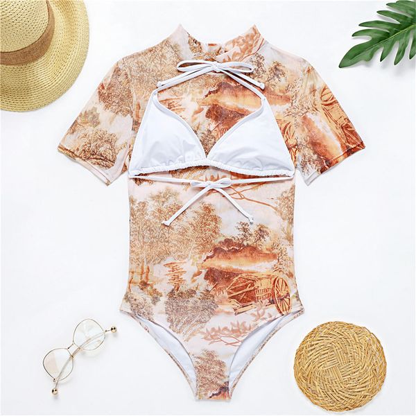 

2021 new zipper short sleeve swimsuit women swimwear female bather printed bathing suit swim wear k2530