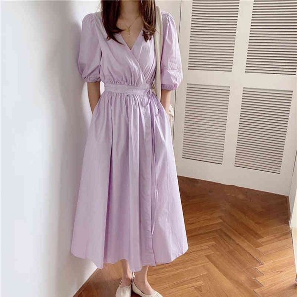 

casual dresses hzirip korean vintage solid chic elegance puff sleeves v-neck slender sweet summer all match a-line long emif, Black;gray