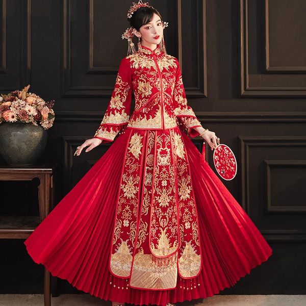 

chinese style cheongsam bride wedding dress exquisite embroidery marriage suit noble costume elegant toast clothing ethnic, Red