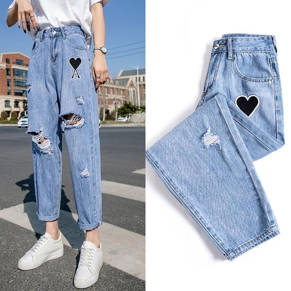 

women's jeans ripped loose straight pants radish 2021 high waist was thin and wild, Blue