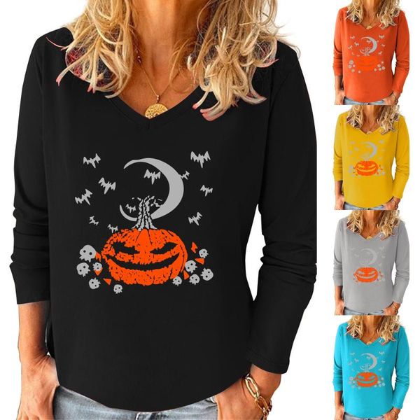 

men's t-shirts women's casual loose v-neck halloween pumpkin long sleeve t-shirt playera tee shirt femme, White;black