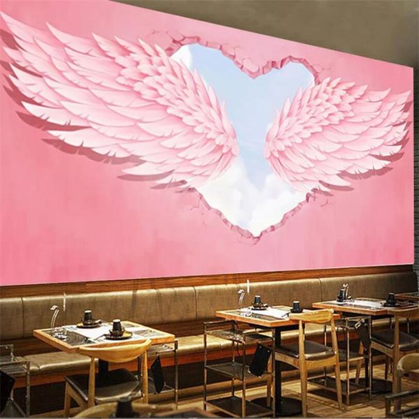 Personalizado Papel Papel de Parede Retro 3D Cor-de-rosa Amor Asas de Anjo Ferramentando Fundo Grande Papel de Parede Verde À Prova D 'Água