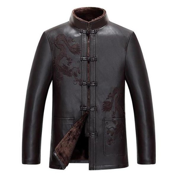 

men's fur & faux 2021 winter warm motorcycle leather jacket casual stand collar chinese style jackets men coats, Black