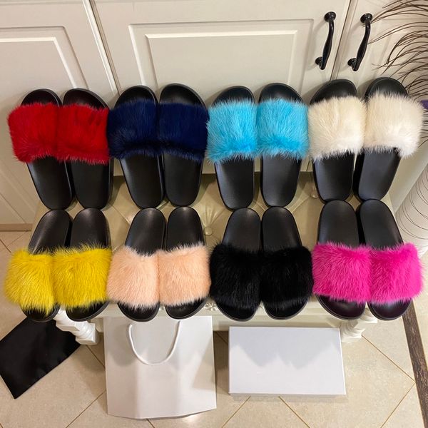 

2021 women mink fur slippers fashion autumn winter ladies flat warm furry sandals r woman slides with box size 35-41, Black