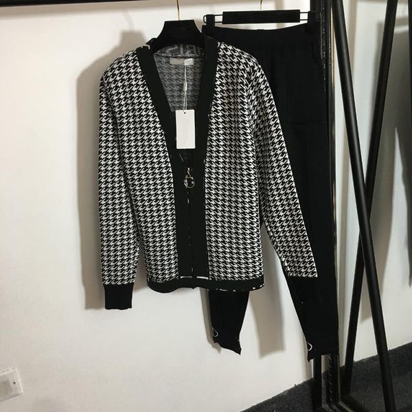 

classic knit two piece pants fashion soft touch women sport suit set outdoor street style female brand cardigan pant, White