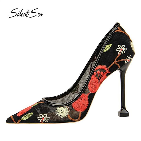 

silentsea european women pumps shallow mouth high heel shoes for female pointed flower embroidery wedding party stilettos black dress