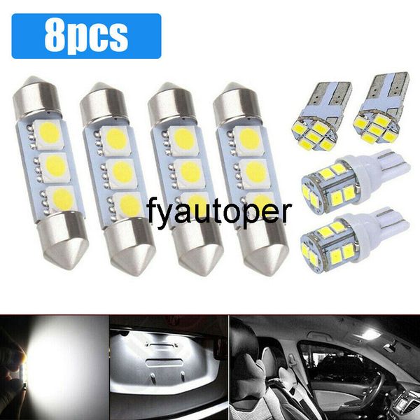 8pcs Bianco Car Tuning LED Cupola Mappa Targa Lampadine Pacchetto interno Kit Parti esterne Accessori auto universali