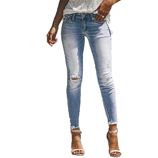 

women's jeans women ripped skinny mid waist hem tight elastic pants causal ladies vintage hole denim pencil cropped trousers, Blue