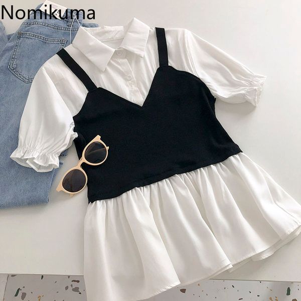 

nomikuma contract color patchwork short sleeve blouse women turn down collar slim waist korean chic shirts trend blusas 210514, White