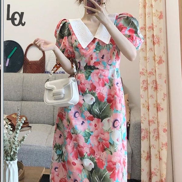 

french style vintage floral print peter pan collar puff sleeve long maxi dress boho casual lady party pink 210519, Black;gray