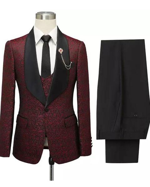 

men's suits & blazers 3pc burgundy printed fabric sets wedding bridegroom shawl collar jacket black pants vest slim fit men, White;black