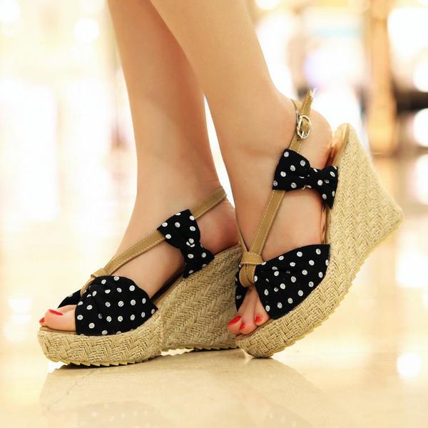 

dress shoes 2021 summer korean sweet cute polka dot open toe sandals waterproof wedge bow high heels women's, Black