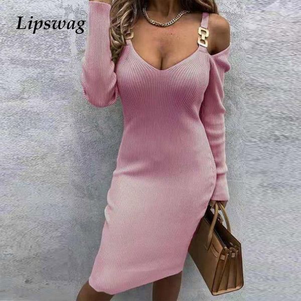 

women off shoulder metal straps mini dress elegant hollow out v-neck slim party fashion long sleeve rib knitted casual dresses, Black;gray