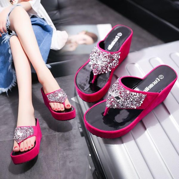 

slippers shoes rubber flip flops low on a wedge ladies' glitter slides platform hawaiian jelly pu rome fabric crystal, Black