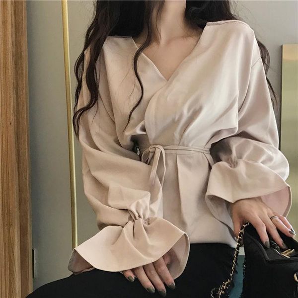 

elegant women blouses spring shirt long bell sleeve ruffle flounce blouse casual women's & shirts, White
