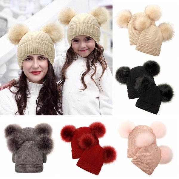 

beanies women's winter double pom beanie hats detachable fur ball cute cap warm soft cable knit hat with ears for women