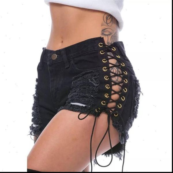 

high waist womens shorts women side slit bandage ripped denim vintage hole jeans lady party club punk bottoms, White;black
