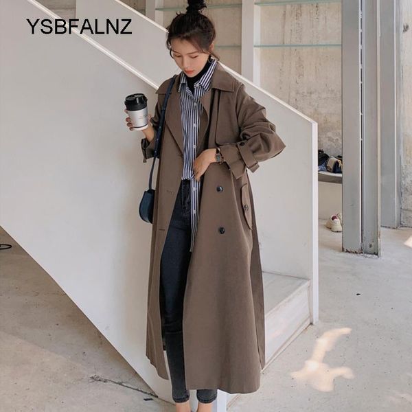 

women's trench coats korean style women long coat double-breasted lady duster with belt female outerwear clothes for spring autumn 2021, Tan;black