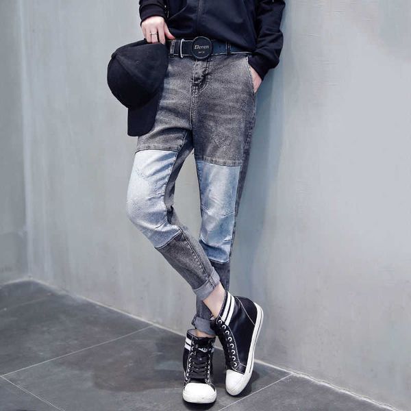 

women's jumpsuits & rompers korean jeans autumn stitching trousers vintage patchwork spliced harlan skinny woman distressed aqtx, Black;white