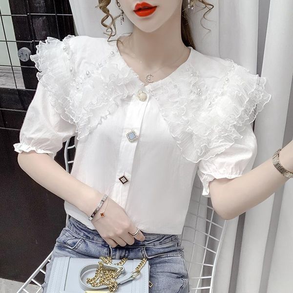 

women's blouses & shirts korean solid beaded ruffle women shirt 2021 loose lace shorts sleeve vintage button multicolor blouse 822i, White