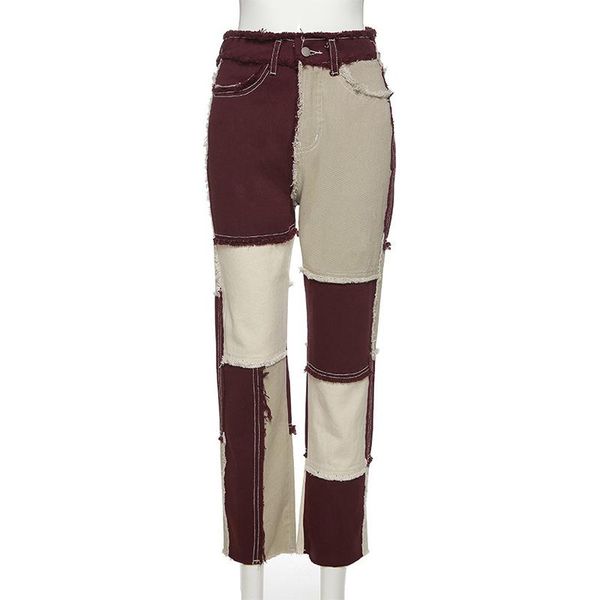 

color block denim patchwork jeans y2k ripped streetwear mom jean vintage slim harajuku casual pants high waist straight women's, Blue