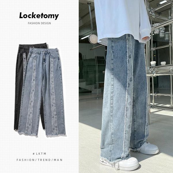 

men's jeans men's stitching cashew autumn and winter hong kong style drape wide-leg daddy mopping trousers, Blue
