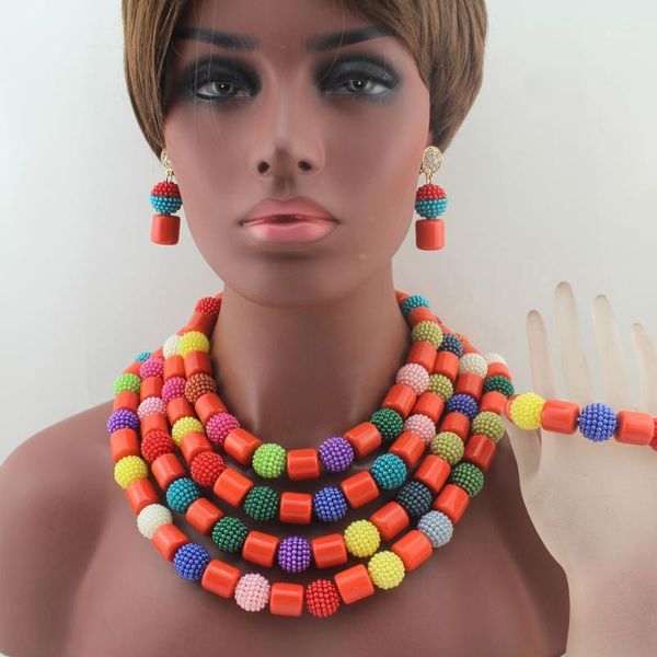 Ohrringe Halskette Erstaunliche afrikanische bunte Kugelperlen Schmuckset Nigerianische Hochzeit Künstliche Koralle HD8566