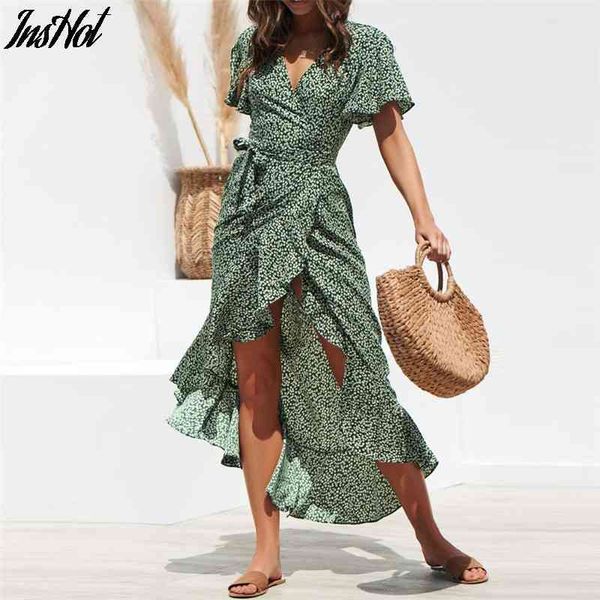 Longo Wrap Vestido Verão Estilo Boho Floral Impressão Maxi Beach Dress Sexy Lado Split Partido Vestido Sundress Vestidos 210514