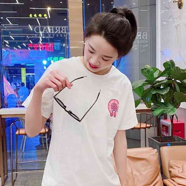 

loose 2021 horseshoe summer fashion print sanskrit cross cotton women's short half sleeve t-shirt lovers men, White