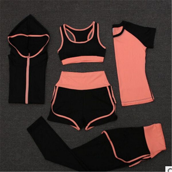 

yoga outfit high waist pants+shorts+bra+t shirt+coats women sportswear 5pcs set outdoor running quick dry clothing fitness gym sets