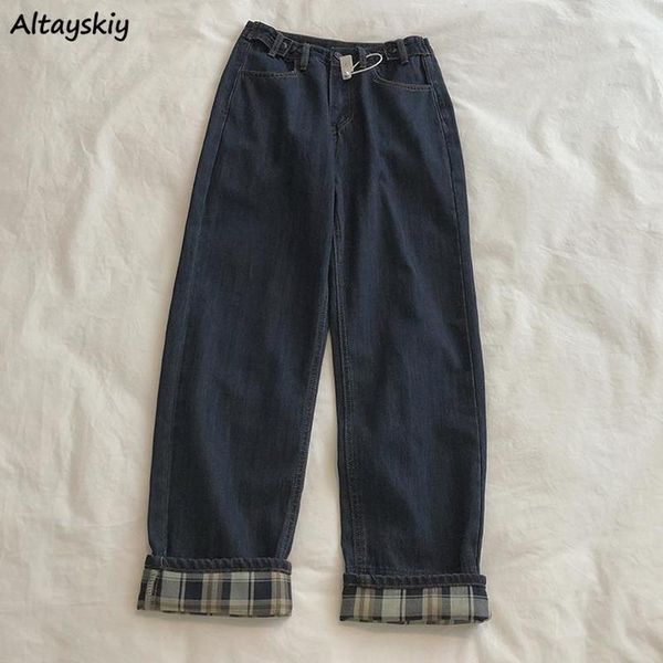 

jeans women trendy students high waisted spring pocket female loose straight casual full length denim trouser all-match simple women's, Blue