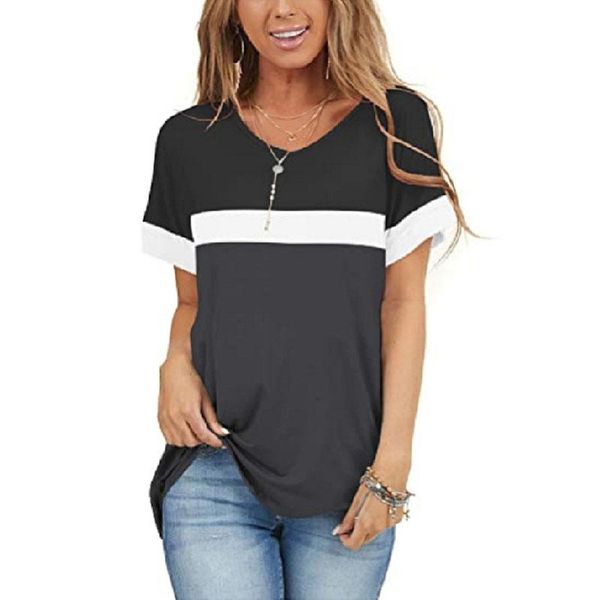 

women's t-shirt 2021 round v short-sleeved stitching casual summer for women, White