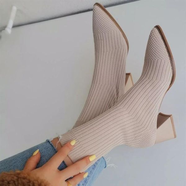 

boots milas mesh knitwear zipperless pointed nude thick high-heeled, Black