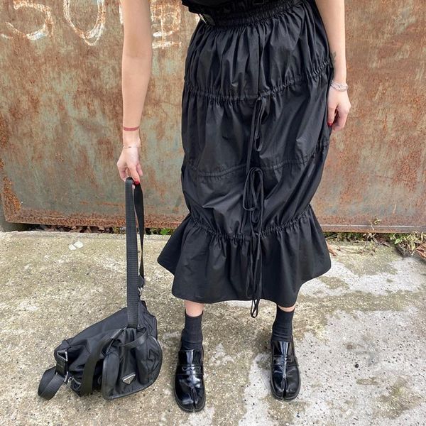 

skirts 2021 autumn and summer dark wind ins korean version black retro wild drawstring belt high waist skirt