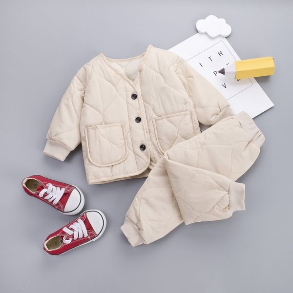 

sets korea style kids clothes winter baby boys girls thicken warm cotton outfit toddler coat + pants 2pcs chilren clothing set c0225, White