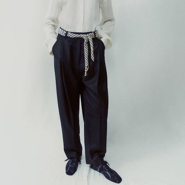 

women's pants & capris women high waist straight suit wool blended all-match office ladies pleated slim casual trousers 2021, Black;white