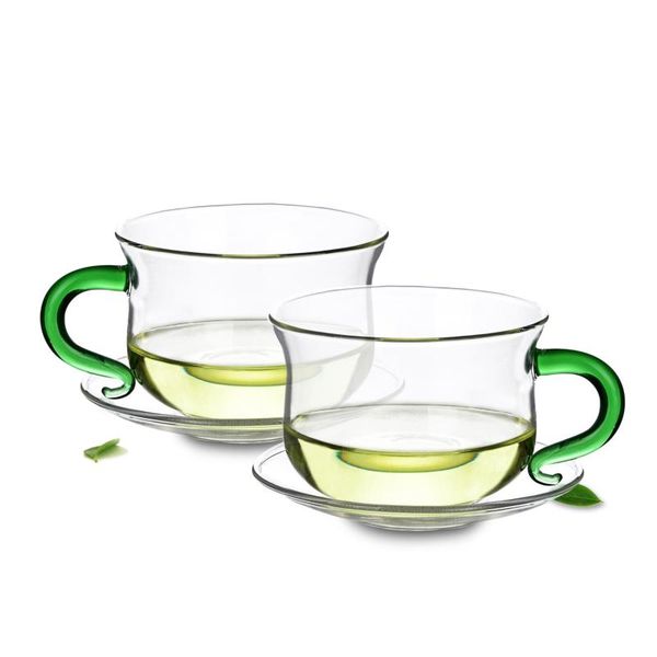 

mugs creative heat-resistant glass green handle teacup with a saucer tea set