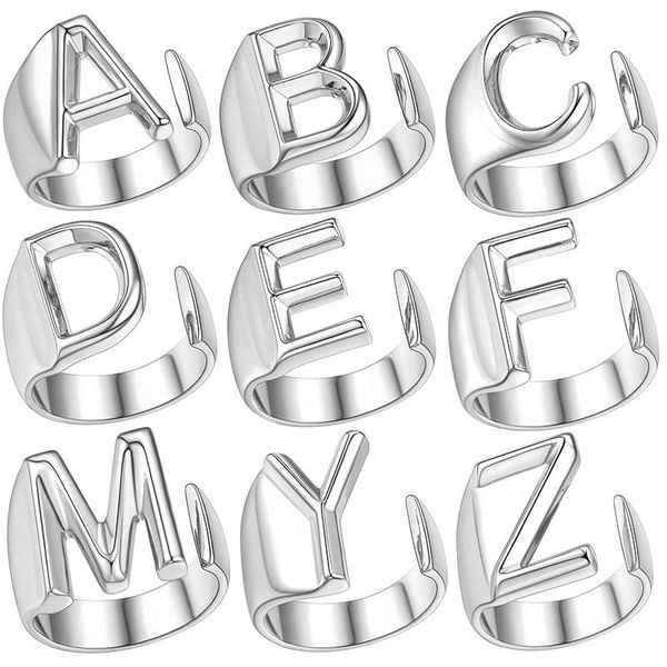 

wedding rings 2021 hollow a-z letter silver color metal adjustable opening ring initials name alphabet female party chunky wide trendy jewel, Slivery;golden